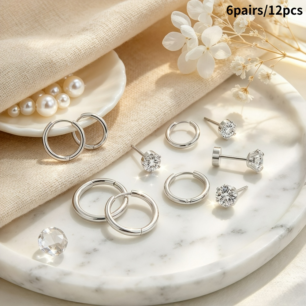 6pc Women's Earring Set with Studs & Hoops, Gold Plated